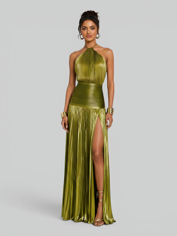 Vestido de Festa Longo Metalizado Plissado com Fenda Juliette