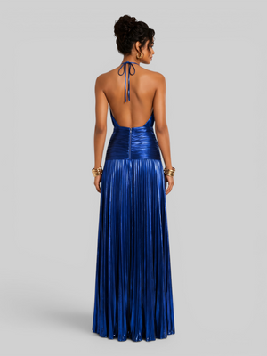 Vestido de Festa Longo Metalizado Plissado com Fenda Juliette