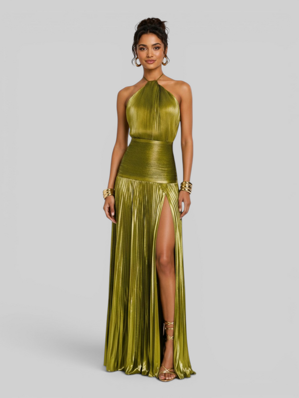 Vestido de Festa Longo Metalizado Plissado com Fenda Juliette
