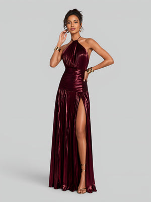 Vestido de Festa Longo Metalizado Plissado com Fenda Juliette